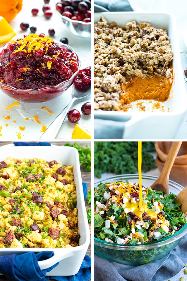 A collage of cranberry sauce, sweet potato casserole, cornbread dressing, and a chopped kale salad.