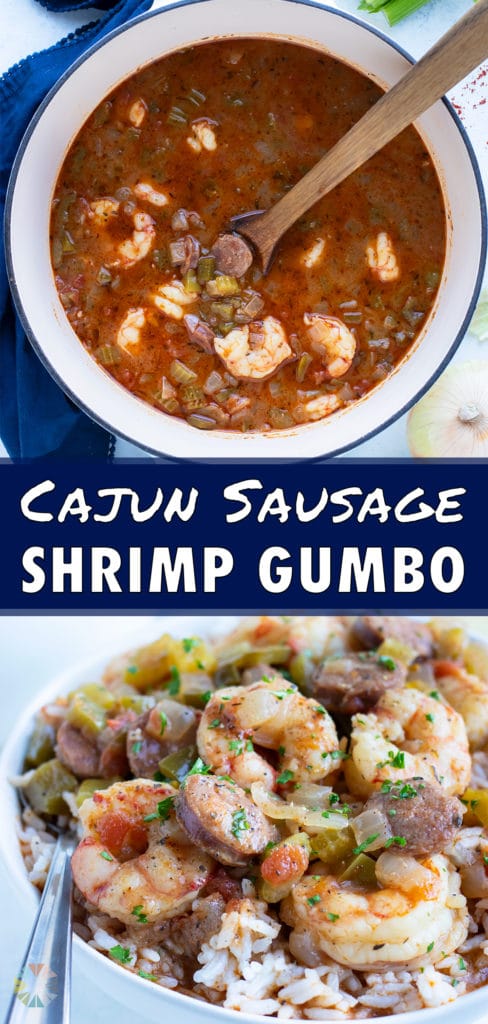 Sausage and shrimp gumbo is served with rice in a white bowl for dinner.