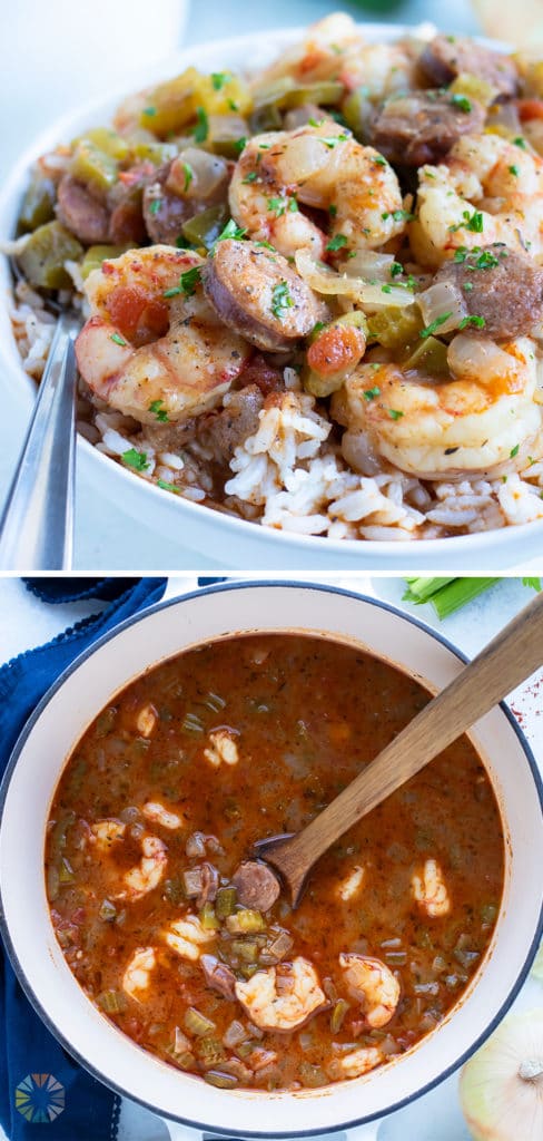 Cajun gumbo is served in a white bowl with rice.