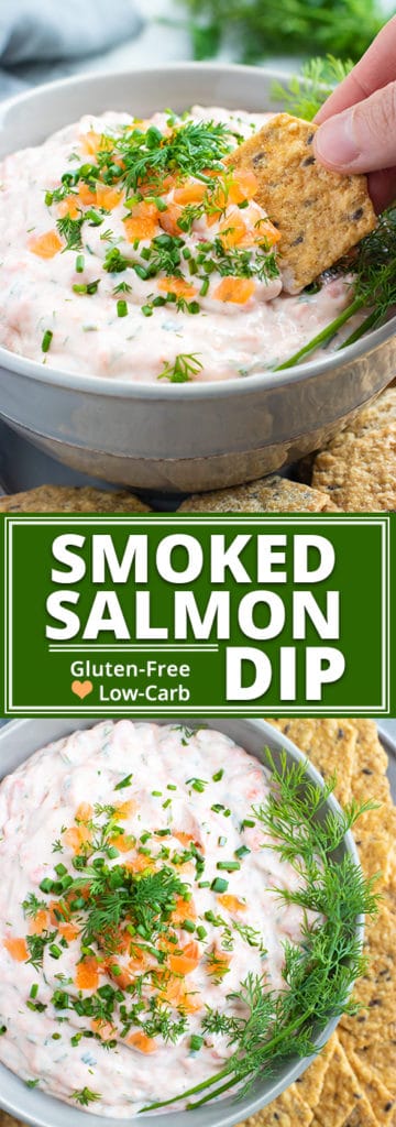 A grey bowl full of salmon dip that is topped with smoked salmon and dill.