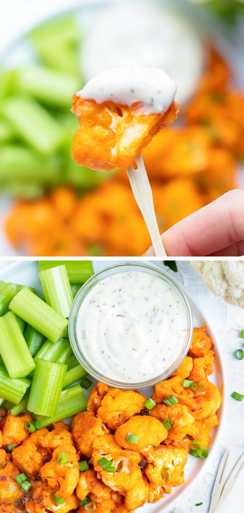 A wooden toothpick holding a buffalo cauliflower bite above a picture pf cauliflower bites on a plate.