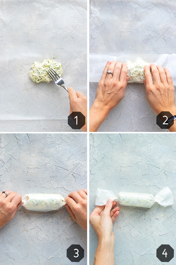 A collage demonstrating how to make homemade garlic butter.