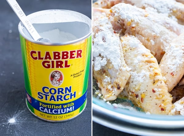 Chicken wing portions with cornstarch sprinkled on top to get a crispy, crunchy skin without deep-frying.