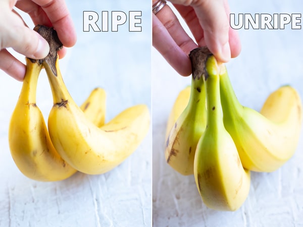 Two images showing the stem of bananas to indicate whether they are ripe or unripe.