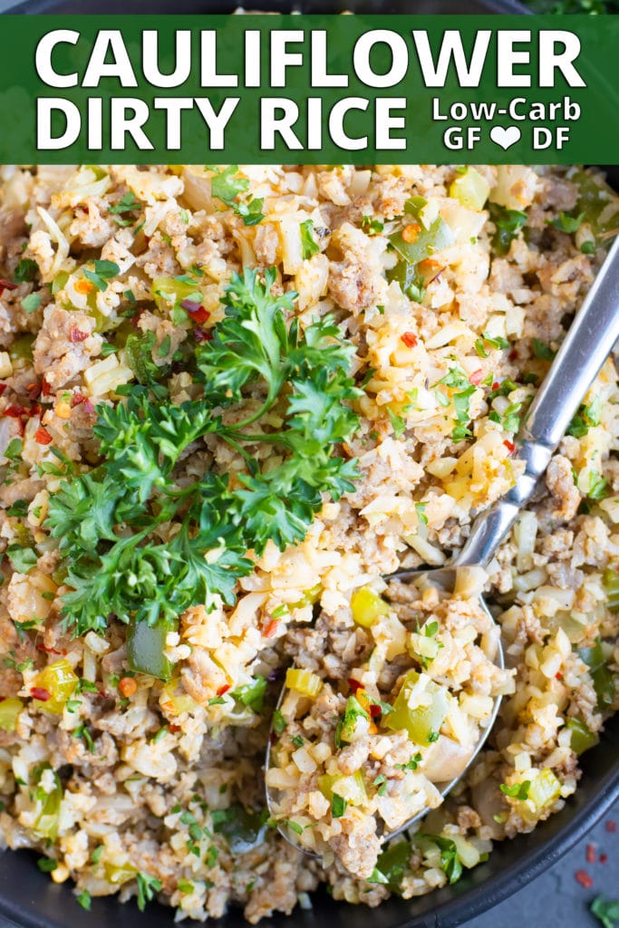 A large black bowl full of a low carb and keto dirty rice recipe.
