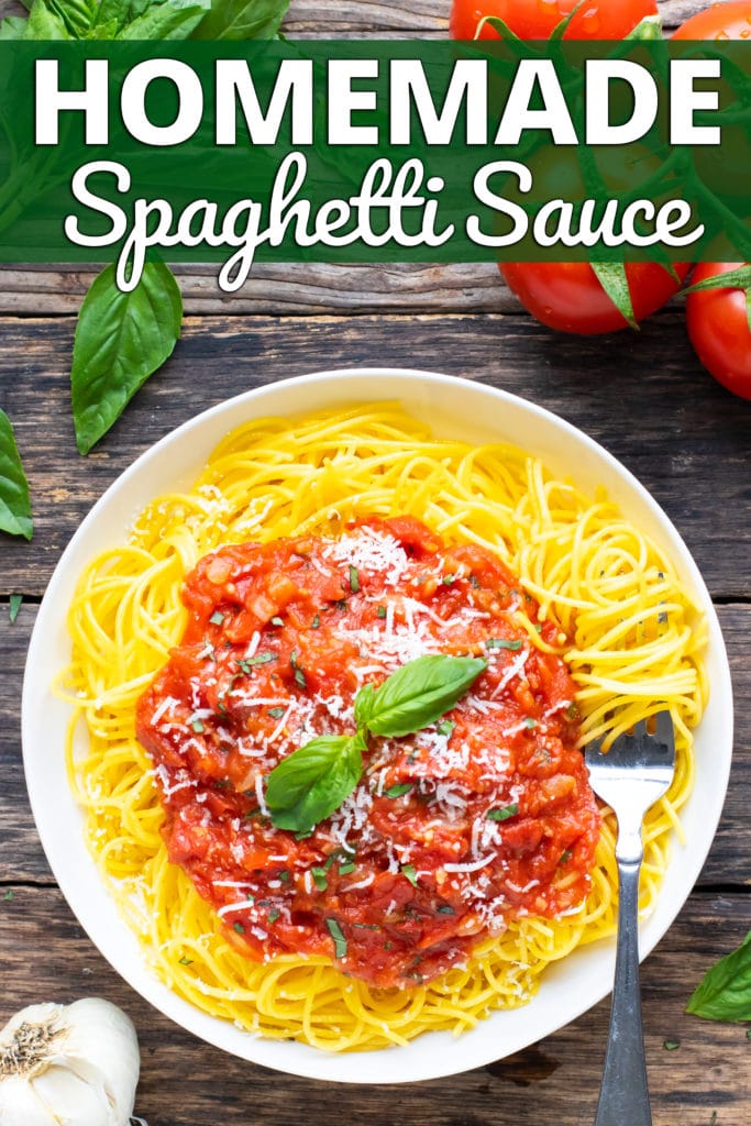 Pomodoro sauce recipe on a bed of gluten-free spaghetti in a white bowl.