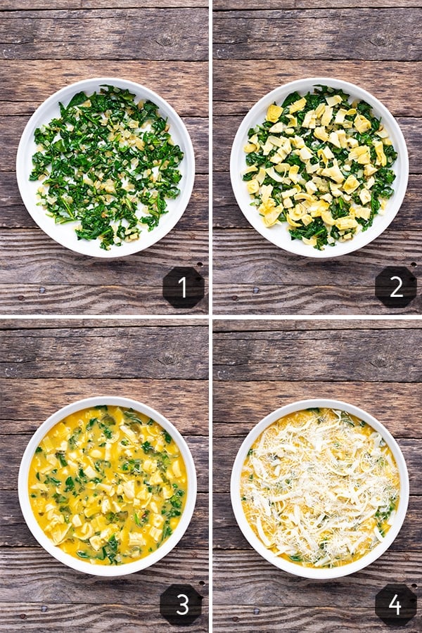 A collage of photos showing how to make crustless quiche with spinach, artichoke, and cheese.
