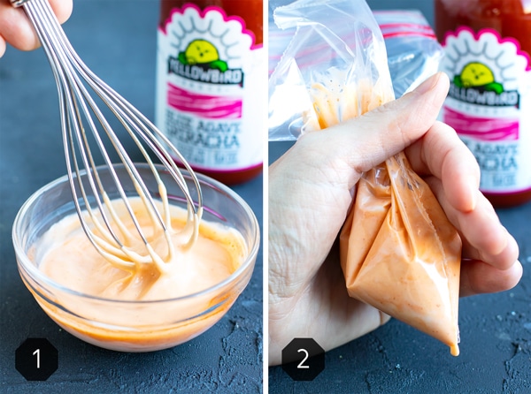 A clear bowl with a whisk mixing together sriracha mayo and another picture of a hand holding a bag of sriracha mayo.