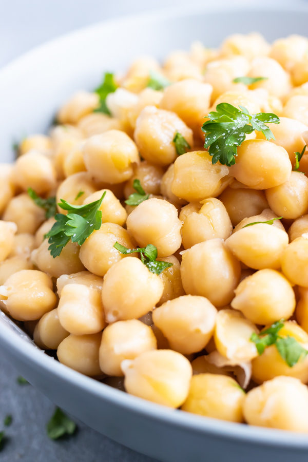 A close-up image of cooked chickpeas that were prepared on the stovetop.