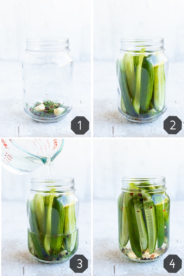 Four images showing how to make pickles by pickling cucumbers in a mason jar overnight.