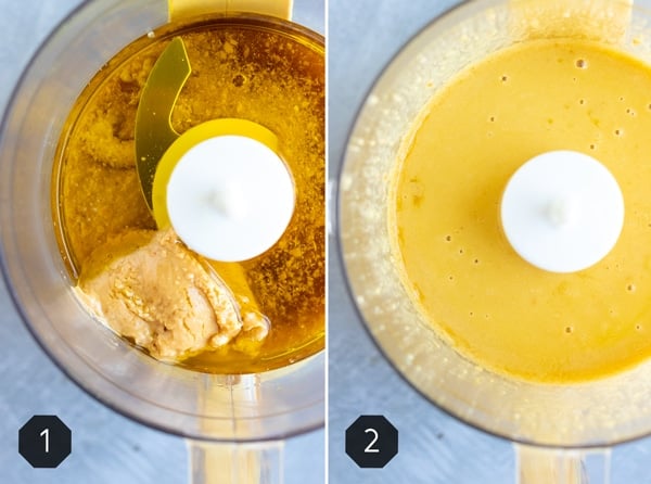 A before and after image showing how to make Thai peanut dressing in a food processor.