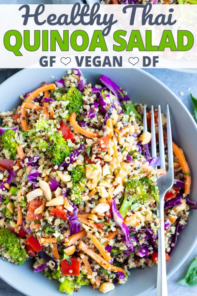The best quinoa salad recipe with Thai peanut dressing, carrots, cabbage, and broccoli.