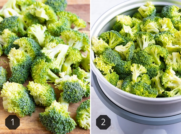 Broccoli cut into florets and then broccoli being cooked in a steamer basket.