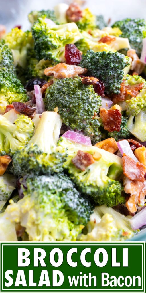 Broccoli bacon salad with a creamy mayo and yogurt dressing with walnuts and cranberries.