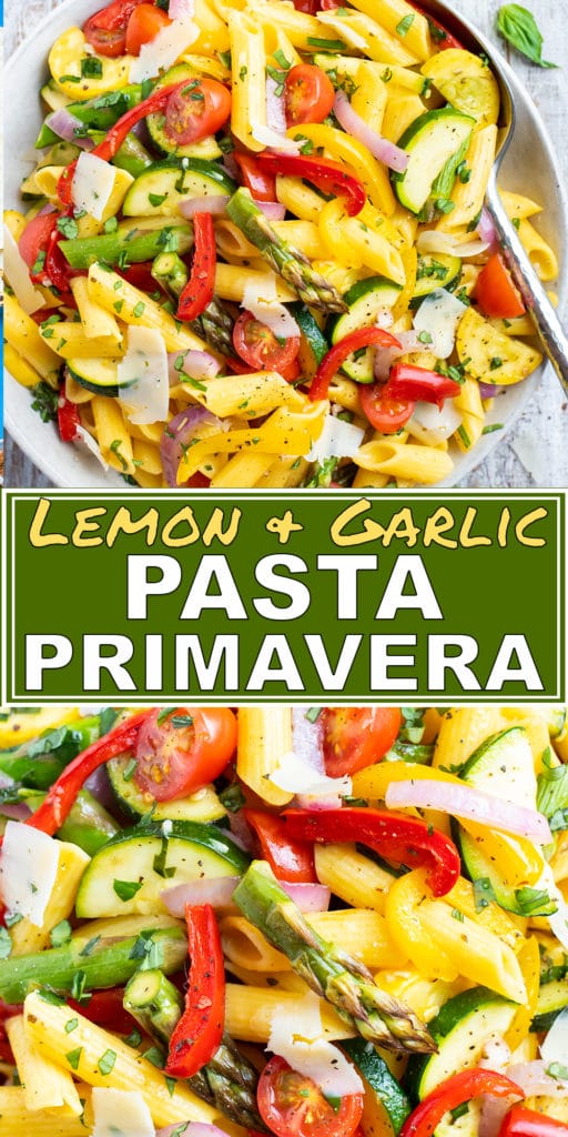 A large white bowl full of a vegetable pasta recipe with tomatoes, asparagus, and bell peppers.