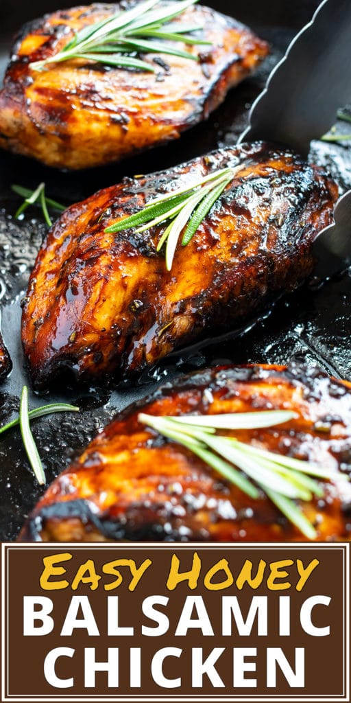 A cast-iron skillet with balsamic glazed chicken being cooked in it.