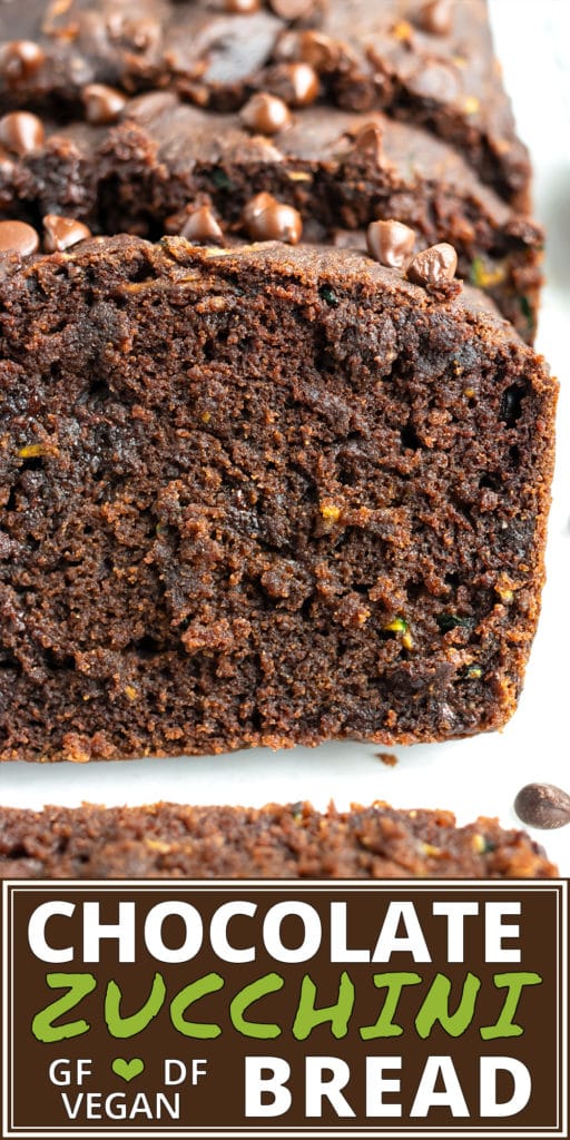 A close-up of super moist and rich chocolate zucchini bread that is gluten-free and vegan.