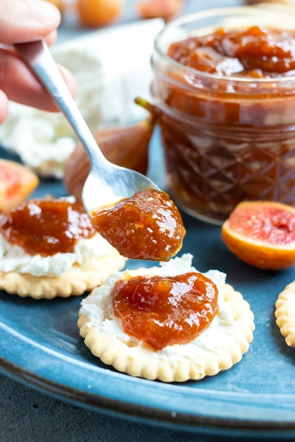 Crackers on a blue plate with goat cheese and fig jam.