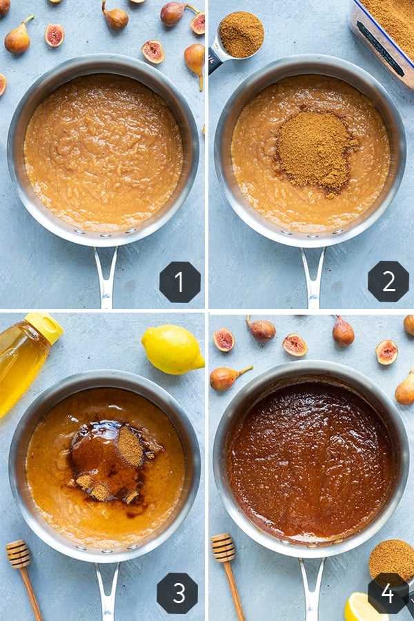 A collage showing how to make fig jam in a saucepan with honey.