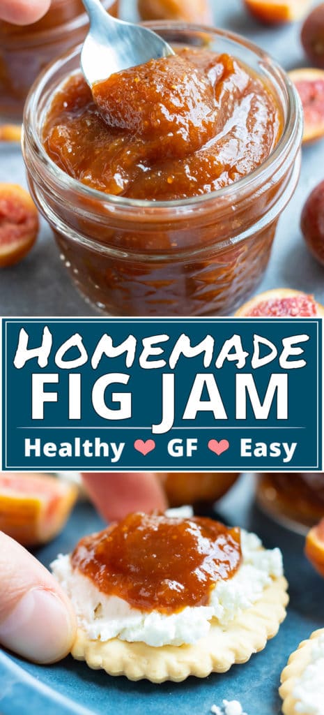 A silver spoon scooping out a serving of homemade fig jam from a glass mason jar.