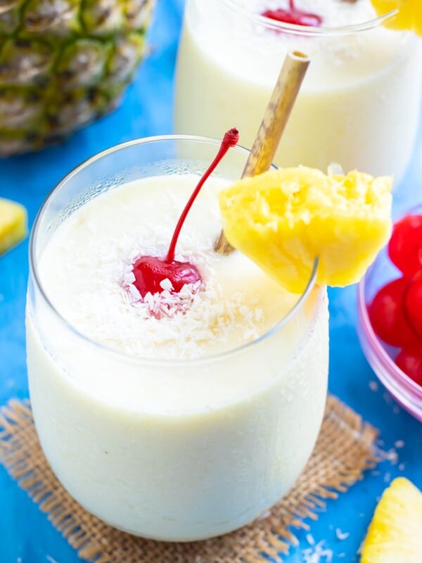 A frozen piña colada made with white rum - the best kind of rum for this recipe.