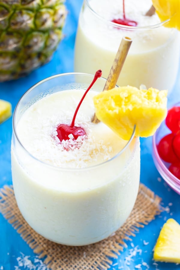A frozen piÃ±a colada made with white rum - the best kind of rum for this recipe.