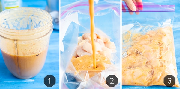 Three pictures showing how to make a pineapple chicken marinade.