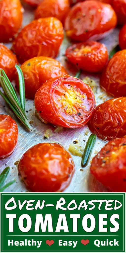 Roasted cherry tomatoes on a baking sheet with rosemary next to it.