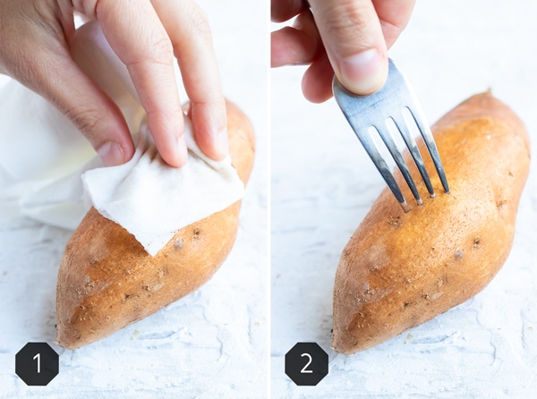 A sweet potato being scrubbed clean and then poked with a fork for a baked sweet potato recipe.