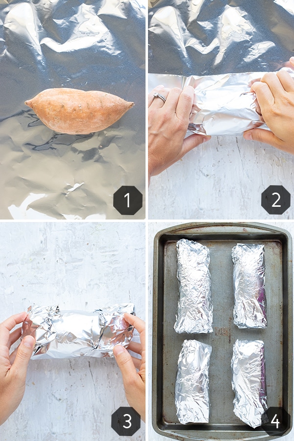 A sweet potato being wrapped in aluminum foil and then placed on a baking sheet to be cooked in the oven.