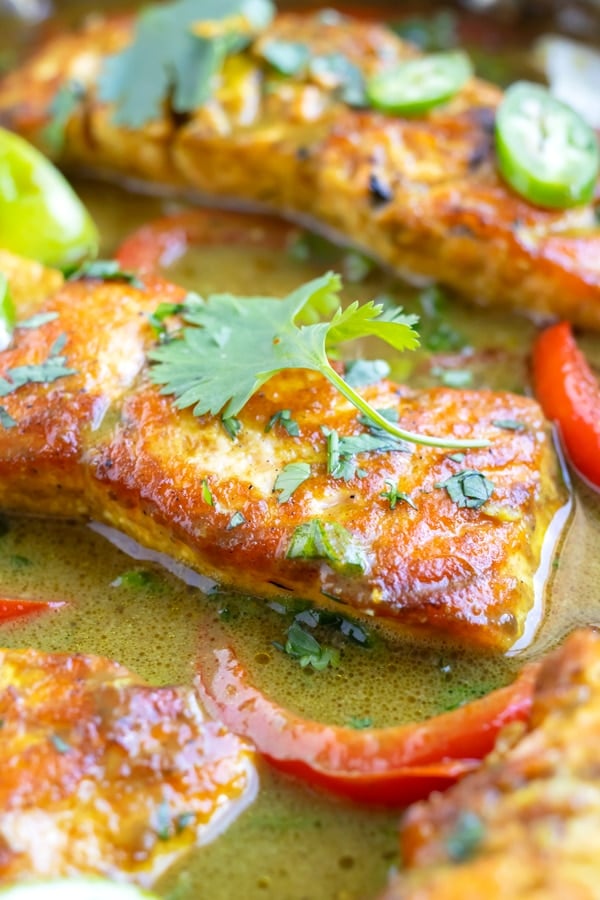 Salmon Curry with Coconut Milk RECIPE with a glaze and garnished with cilantro.