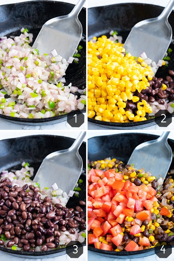 A collage of four images showing how to make Mexican stuffed sweet potatoes with black beans and corn.