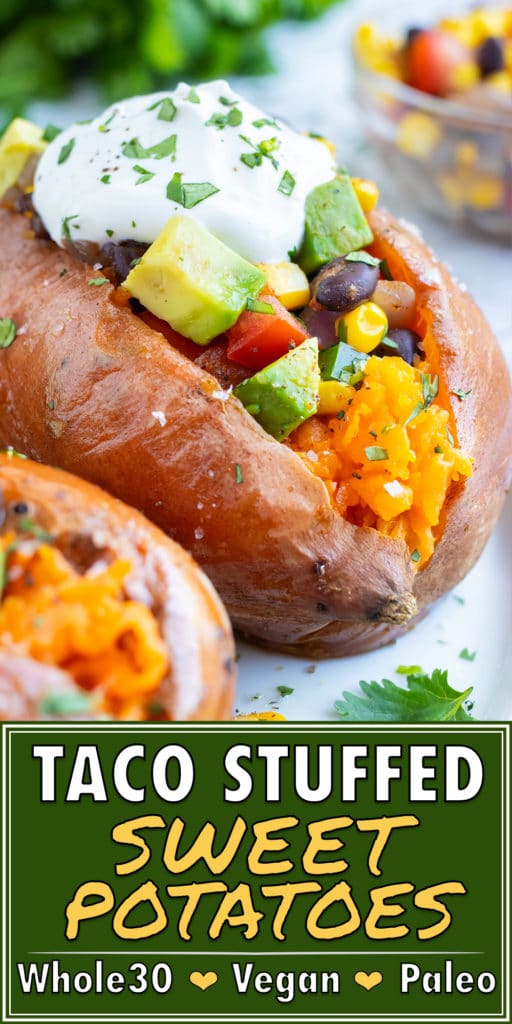 Taco stuffed sweet potatoes with black beans and corn for a vegetarian dinner recipe.