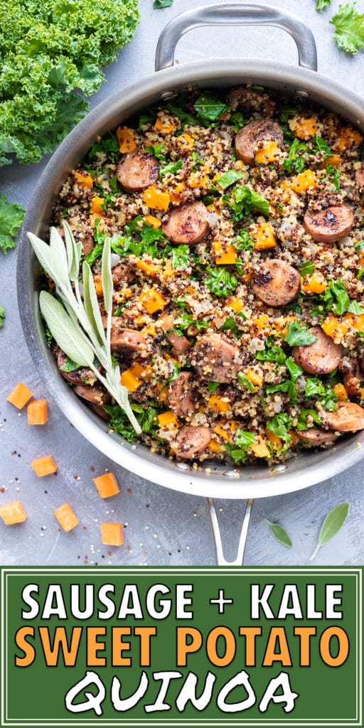 A Fall-inspired healthy quinoa recipe with sage, sweet potatoes, chicken apple sausage, and kale.