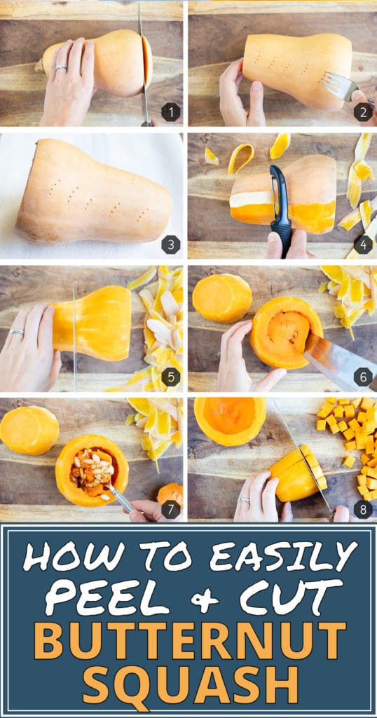 A collage demonstrating how to peel and cut butternut squash by microwaving it.