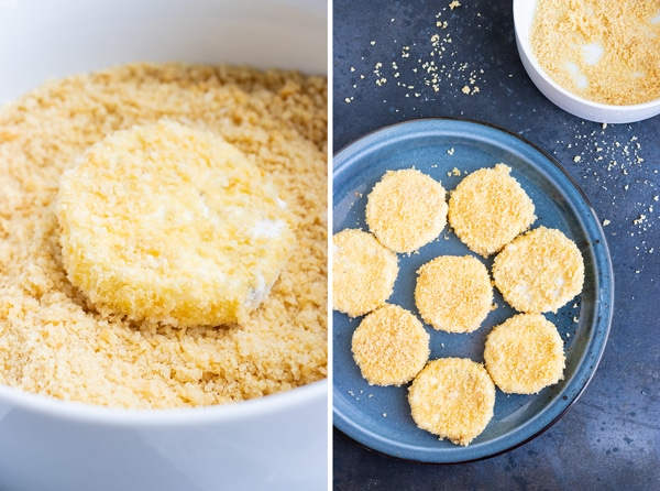 A close-up of goat cheese being coated in a Panko breadcrumb mixture for a fried goat cheese recipe.