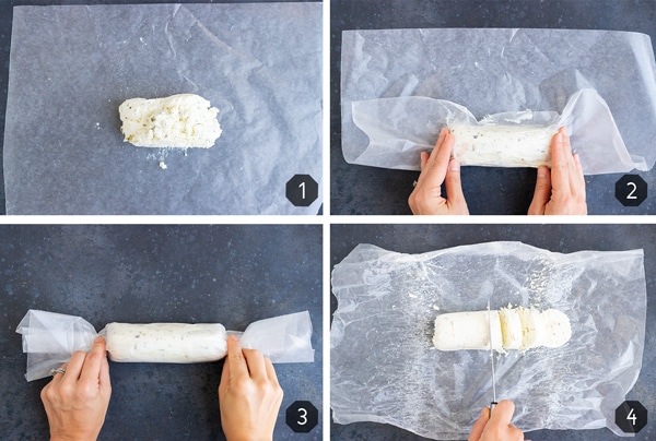 Four images showing how to form a goat cheese log before frying it in a skillet.