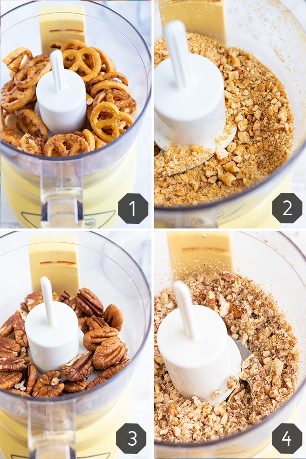 Pretzels and pecans in a food processor to be used in a baked chicken breast recipe.