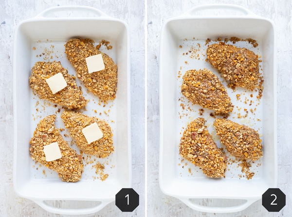 A large baking dish full of healthy pecan crusted chicken breasts that will be baked in the oven.