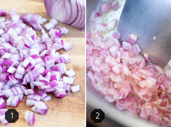 Diced onions being sauteed in an Instant Pot.
