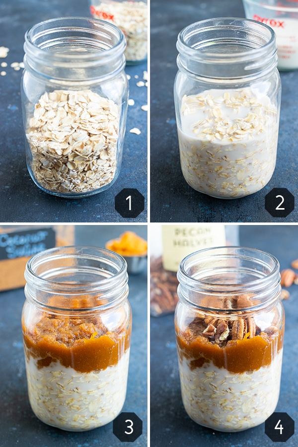 Four images showing gluten-free oats, almond milk, pumpkin pie puree, and pecans to show how to make overnight oats.