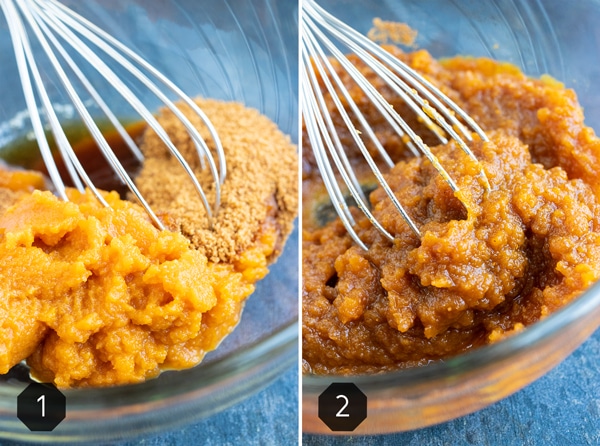 Pumpkin puree, coconut sugar, maple syrup, and pumpkin pie spice for a healthy overnight oats recipe.