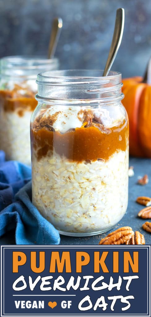 Two glass jars full of healthy pumpkin overnight oats recipe with pecans next to them.
