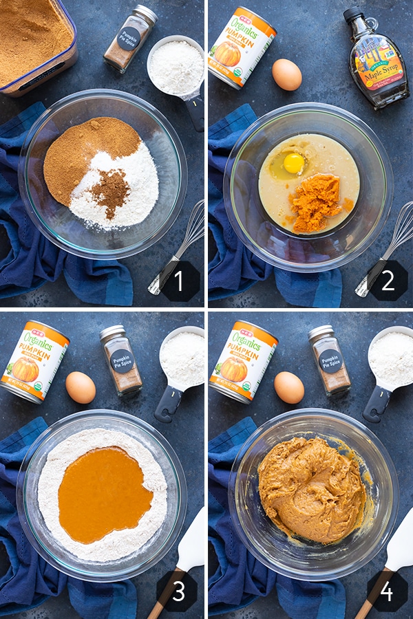Four images showing how to make pumpkin muffins with healthy, gluten-free, and vegan ingredients.