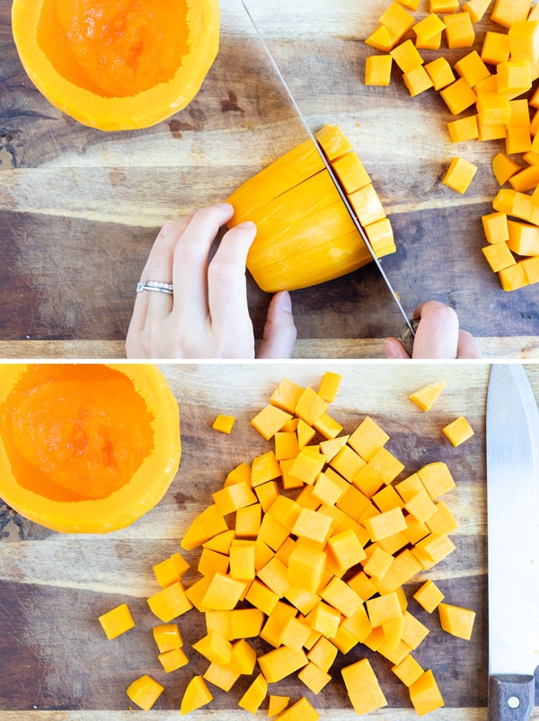 Cutting butternut squash into cubes to be baked in the oven.
