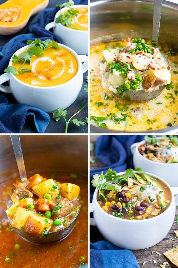 A collage of the best healthy soup recipes with a butternut squash soup, tortilla soup, beef stew, and healthy turkey soup recipe.