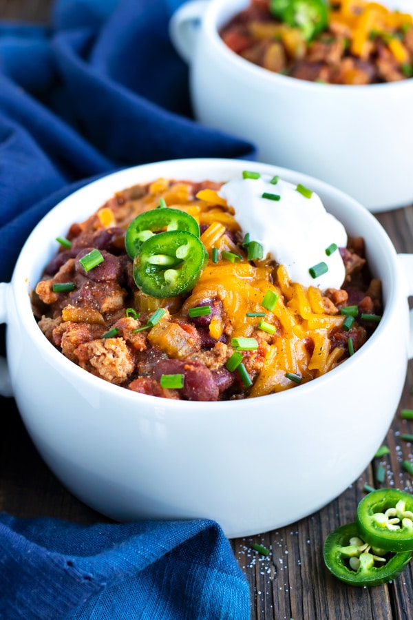 Instant Pot ground turkey chili that is made with a homemade chili seasoning recipe.
