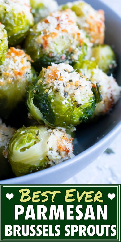 The best crispy smashed Brussels sprouts with Parmesan cheese, garlic, and herbs in a grey bowl.