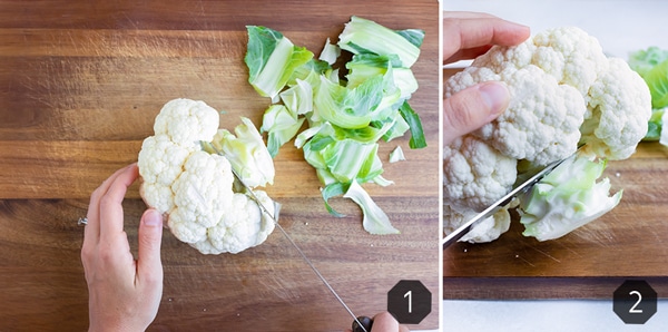 Step by step pictures for how to prepare a head of cauliflower.