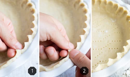 A thumb and pointer finger forming a V and then another thumb pressing in showing how to crimp pie crust dough.